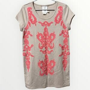 Meadow Rue Tan Tunic with Coral Tapestry on Front Size Medium
